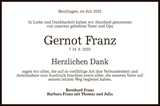 Anzeige von Gernot Franz von Reutlinger General-Anzeiger