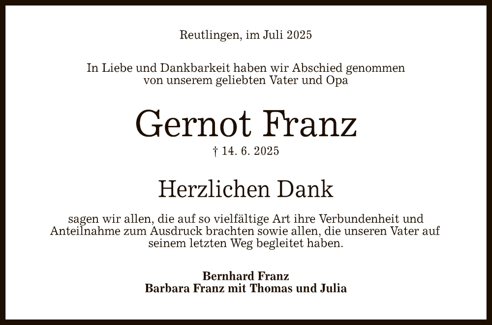  Traueranzeige für Gernot Franz vom 19.07.2025 aus Reutlinger General-Anzeiger