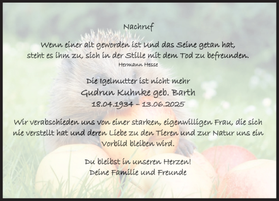 Anzeige von Gudrun Kuhnke von Reutlinger General-Anzeiger