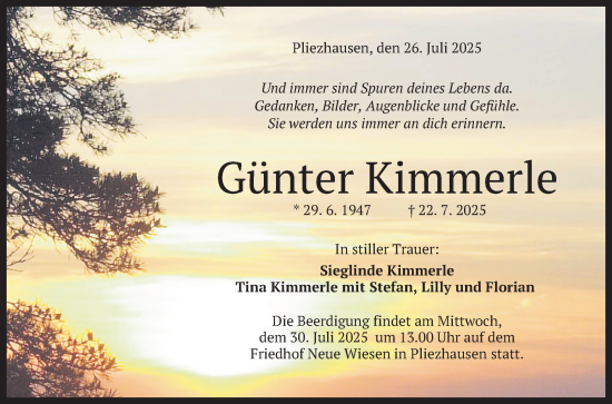 Anzeige von Günter Kimmerle von Reutlinger General-Anzeiger