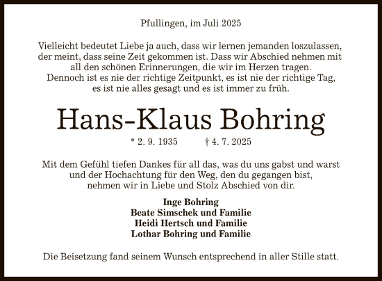 Anzeige von Hans-Klaus Bohring von Reutlinger General-Anzeiger
