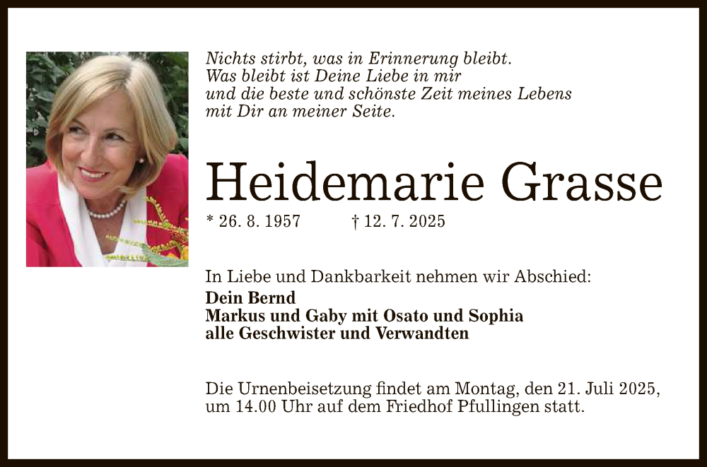  Traueranzeige für Heidemarie Grasse vom 19.07.2025 aus Reutlinger General-Anzeiger