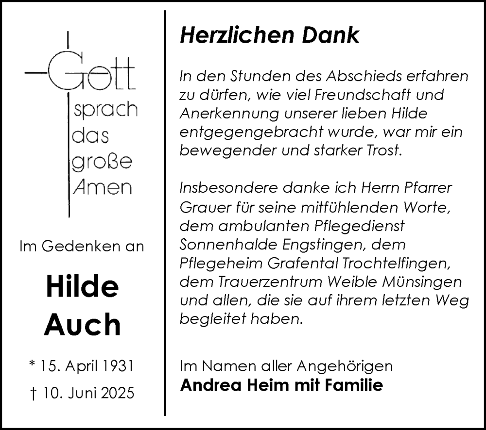  Traueranzeige für Hilde Auch vom 12.07.2025 aus Reutlinger General-Anzeiger