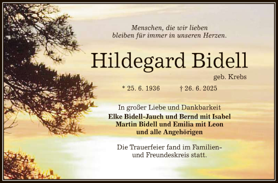 Anzeige von Hildegard Bidell von Reutlinger General-Anzeiger