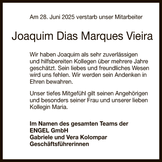 Anzeige von Joaquim Dias Marques Vieira von Reutlinger General-Anzeiger