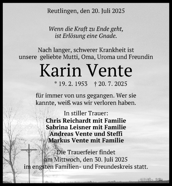 Anzeige von Karin Vente von Reutlinger General-Anzeiger