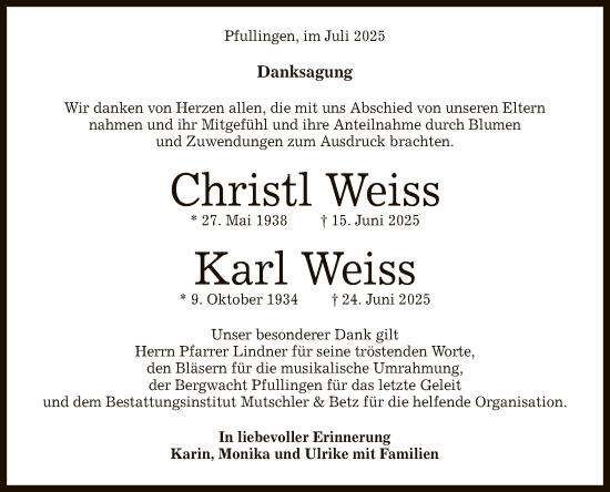 Anzeige von Karl und Christl Weiss von Reutlinger General-Anzeiger