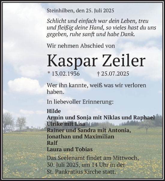 Anzeige von Kaspar Zeiler von Reutlinger General-Anzeiger