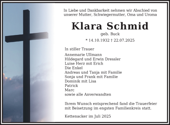 Anzeige von Klara Schmid von Reutlinger General-Anzeiger