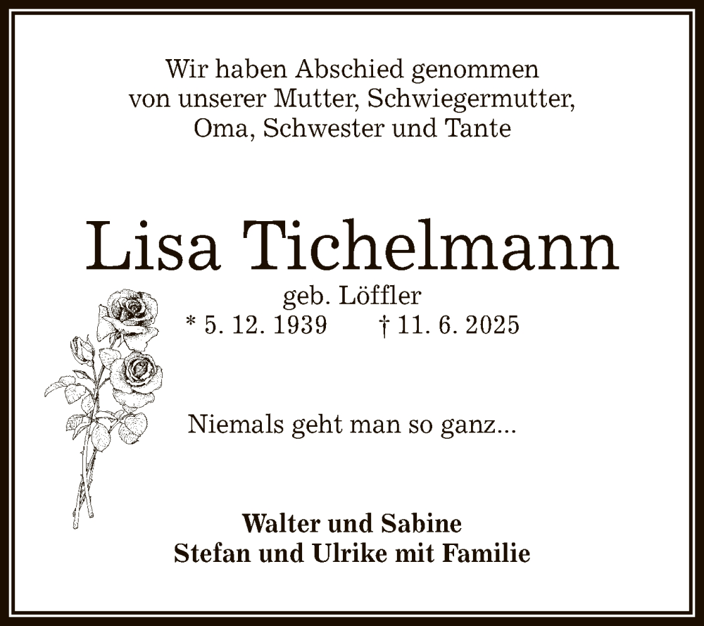 Traueranzeige für Lisa Tichelmann vom 26.07.2025 aus Reutlinger General-Anzeiger