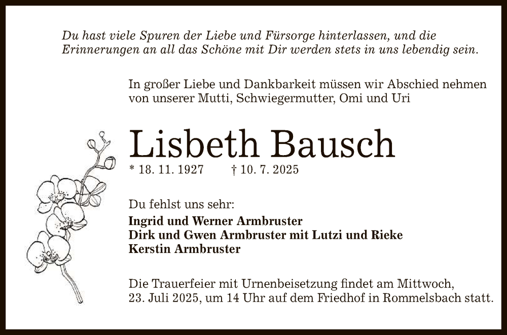  Traueranzeige für Lisbeth Bausch vom 19.07.2025 aus Reutlinger General-Anzeiger