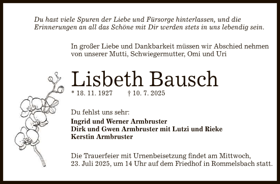 Anzeige von Lisbeth Bausch von Reutlinger General-Anzeiger