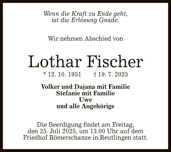 Anzeige von Lothar Fischer von Reutlinger General-Anzeiger