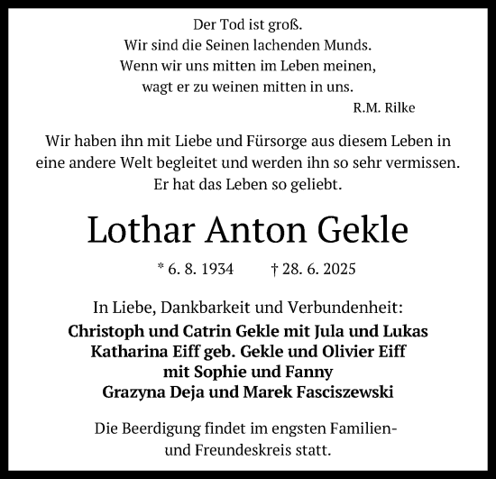 Anzeige von Lothar  Gekle von Reutlinger General-Anzeiger