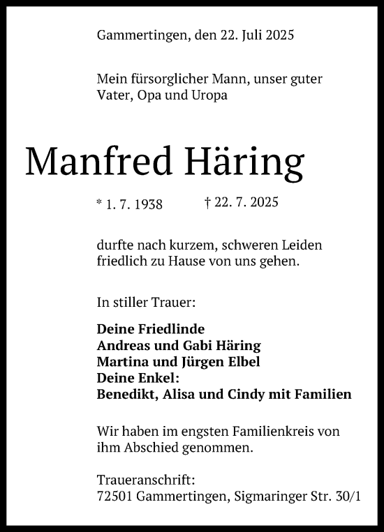 Anzeige von Manfred Häring von Reutlinger General-Anzeiger