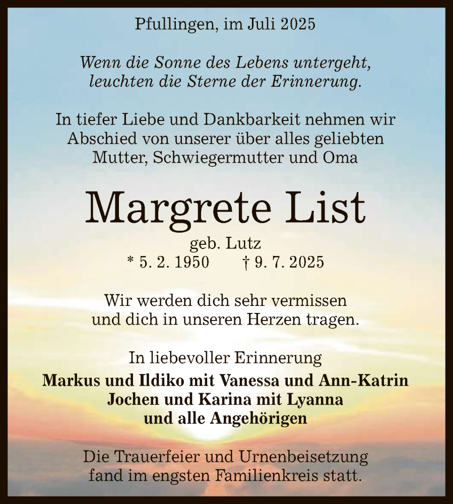  Traueranzeige für Margrete List vom 26.07.2025 aus Reutlinger General-Anzeiger