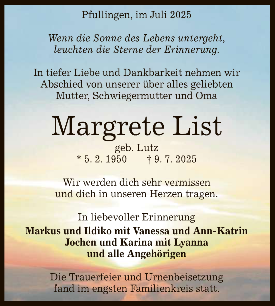 Anzeige von Margrete List von Reutlinger General-Anzeiger
