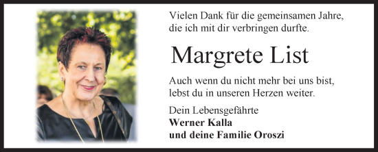 Anzeige von Margrete List von Reutlinger General-Anzeiger