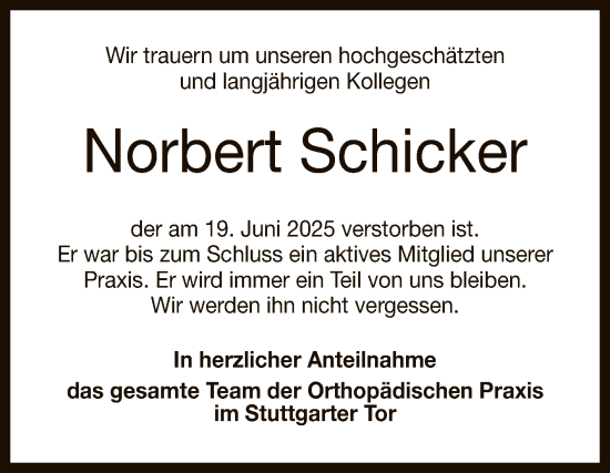 Anzeige von Norbert Schicker von Reutlinger General-Anzeiger