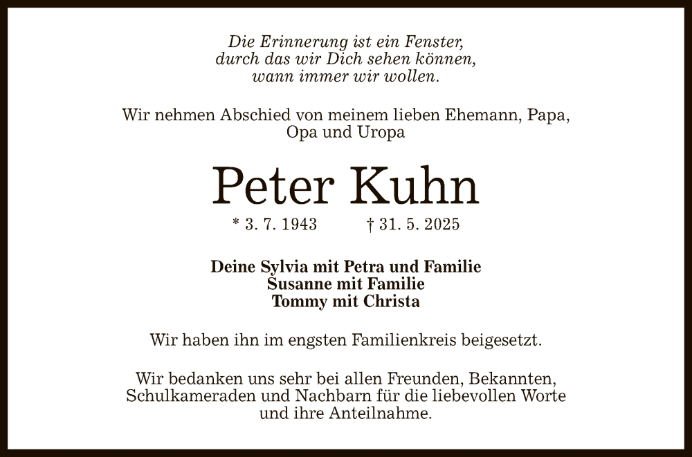  Traueranzeige für Peter Kuhn vom 05.07.2025 aus Reutlinger General-Anzeiger