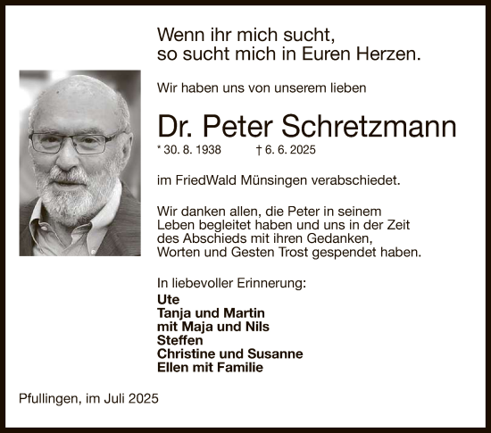 Anzeige von Peter Schretzmann von Reutlinger General-Anzeiger