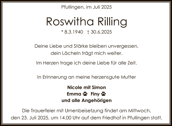 Anzeige von Roswitha Rilling von Reutlinger General-Anzeiger