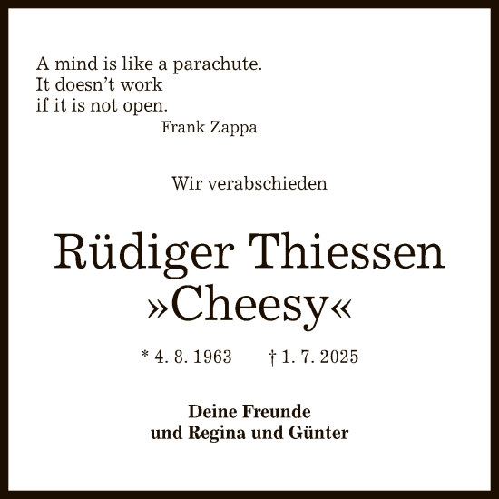 Anzeige von Rüdiger Thiessen von Reutlinger General-Anzeiger