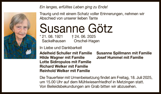 Anzeige von Susanne Götz von Reutlinger General-Anzeiger