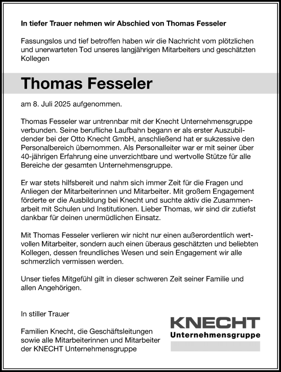 Anzeige von Thomas Fesseler von Reutlinger General-Anzeiger