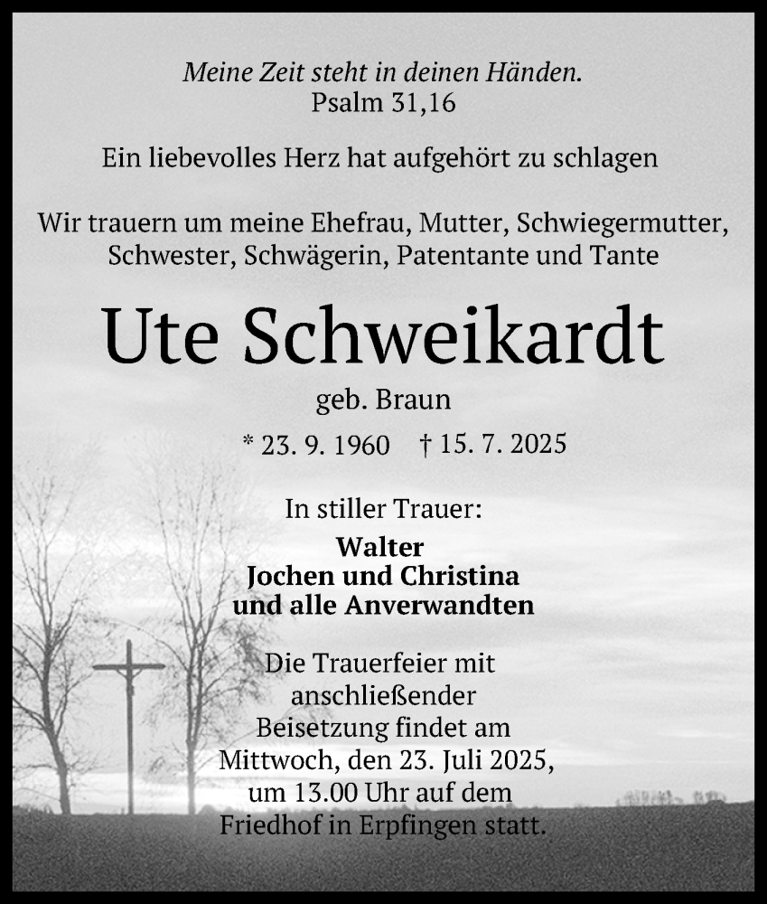  Traueranzeige für Ute Schweikardt vom 19.07.2025 aus Reutlinger General-Anzeiger