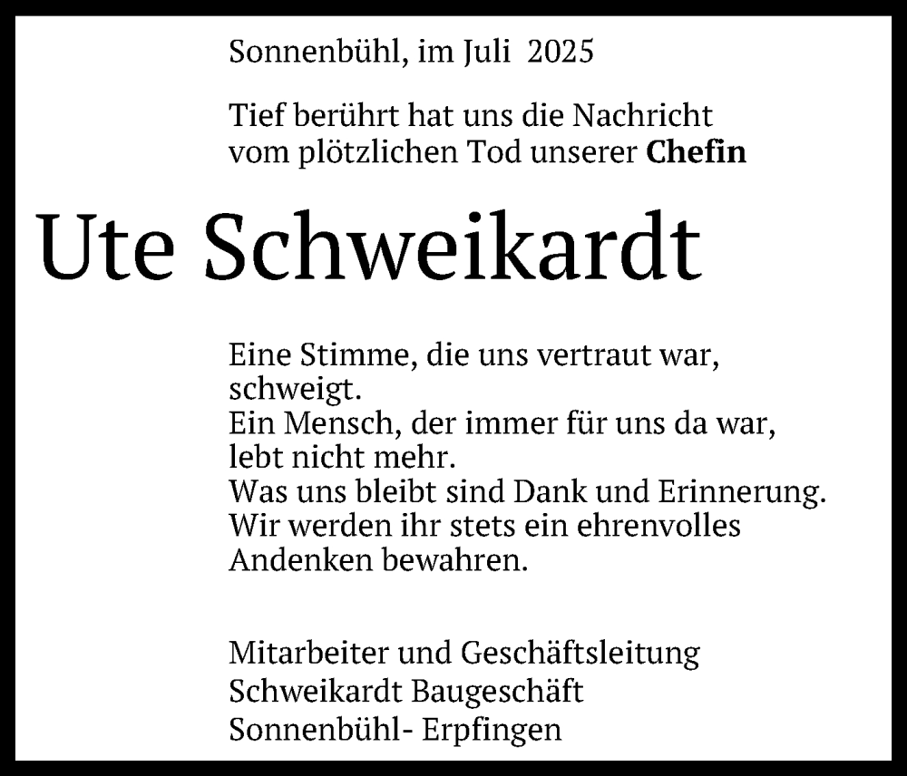  Traueranzeige für Ute Schweikardt vom 22.07.2025 aus Reutlinger General-Anzeiger