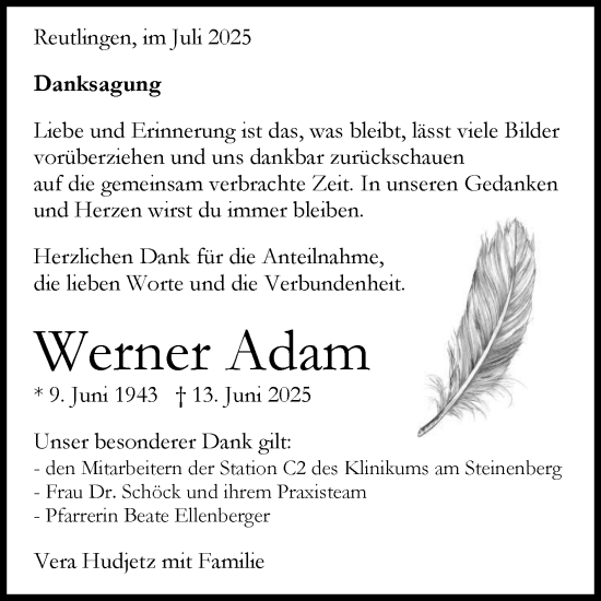 Anzeige von Werner Adam von Reutlinger General-Anzeiger