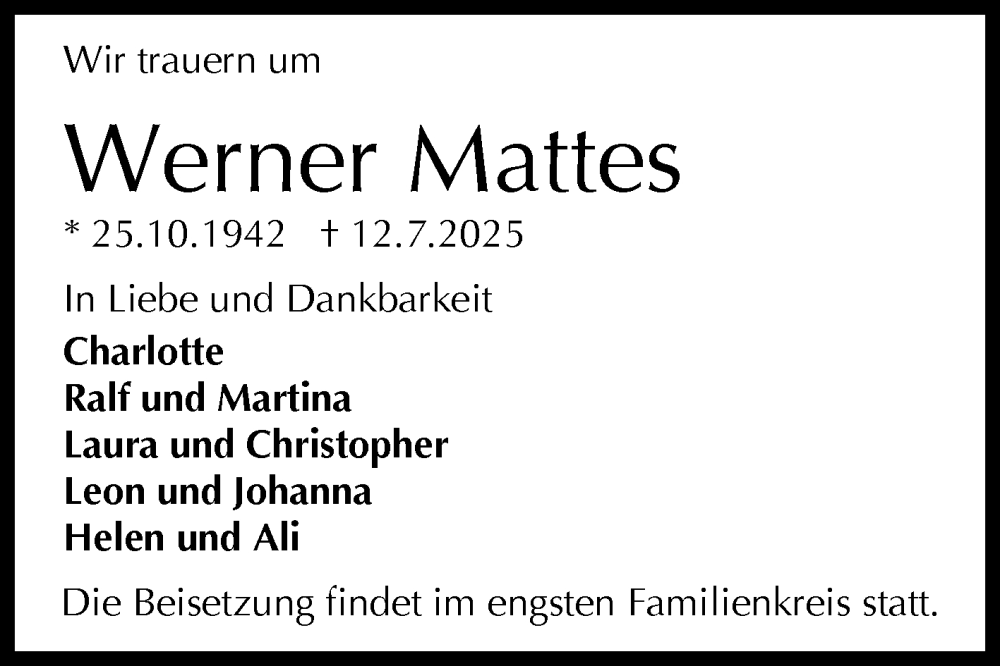  Traueranzeige für Werner Mattes vom 18.07.2025 aus Reutlinger General-Anzeiger