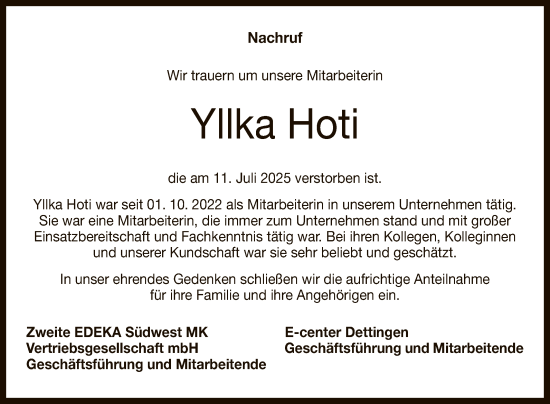 Anzeige von Yllka Hoti von Reutlinger General-Anzeiger