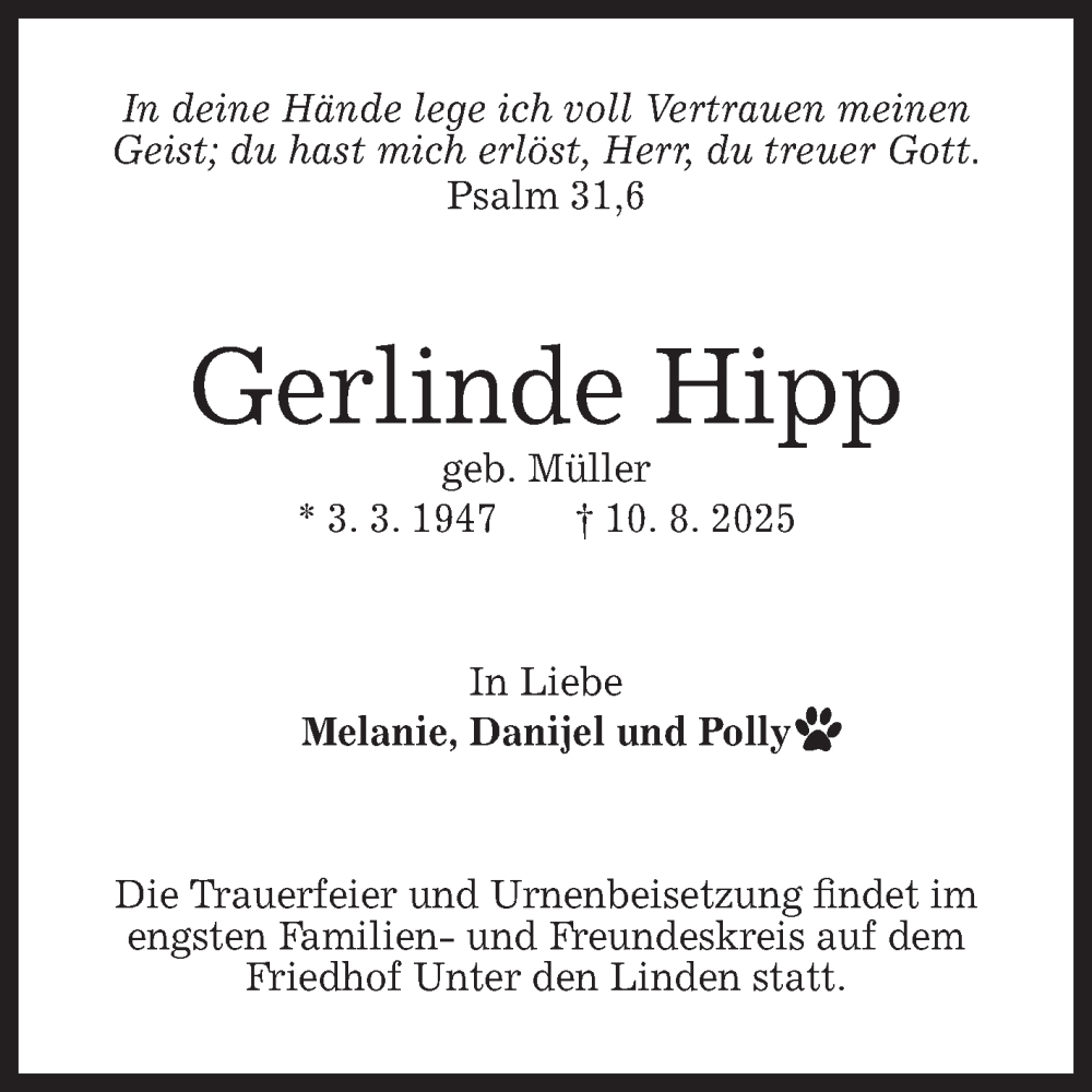  Traueranzeige für Gerlinde Hipp vom 25.08.2025 aus Reutlinger General-Anzeiger