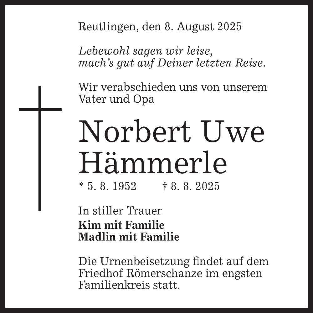  Traueranzeige für Norbert Uwe Hämmerle vom 21.08.2025 aus Reutlinger General-Anzeiger
