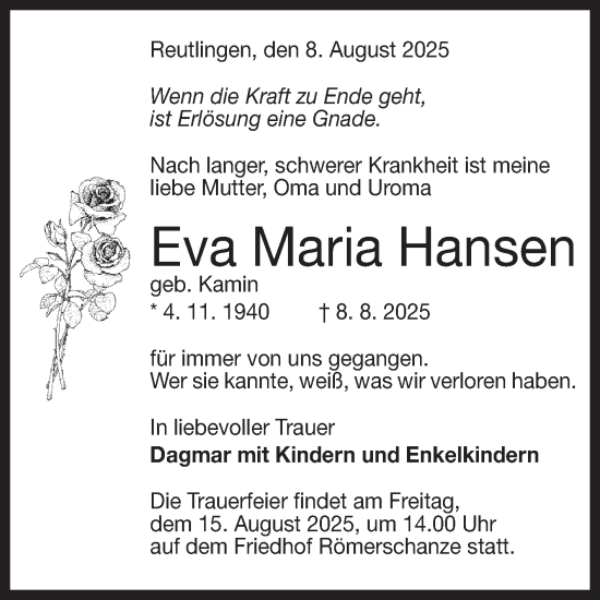 Anzeige von Eva Maria Hansen 