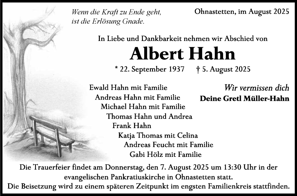  Traueranzeige für Albert Hahn vom 06.08.2025 aus Reutlinger General-Anzeiger