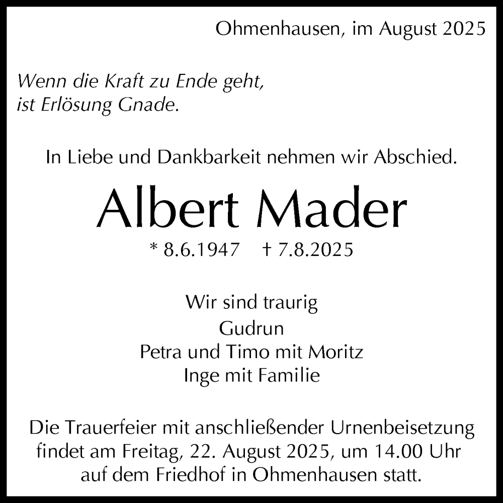  Traueranzeige für Albert Mader vom 15.08.2025 aus Reutlinger General-Anzeiger