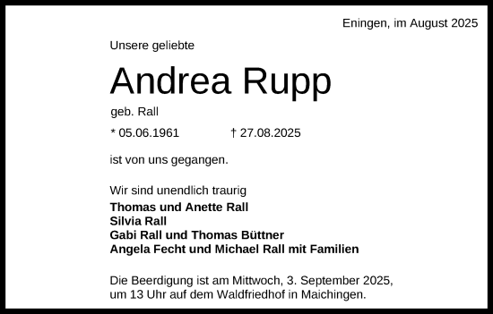 Anzeige von Andrea Rupp von Reutlinger General-Anzeiger