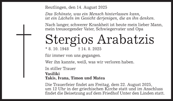 Anzeige von Stergios Arabatzis von Reutlinger General-Anzeiger