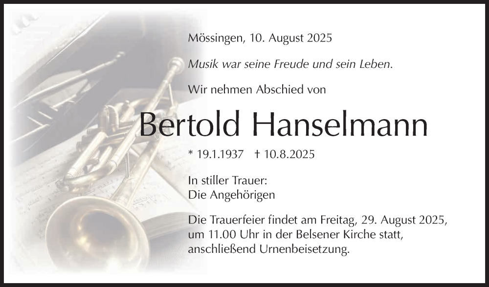  Traueranzeige für Bertold Hanselmann vom 26.08.2025 aus Reutlinger General-Anzeiger