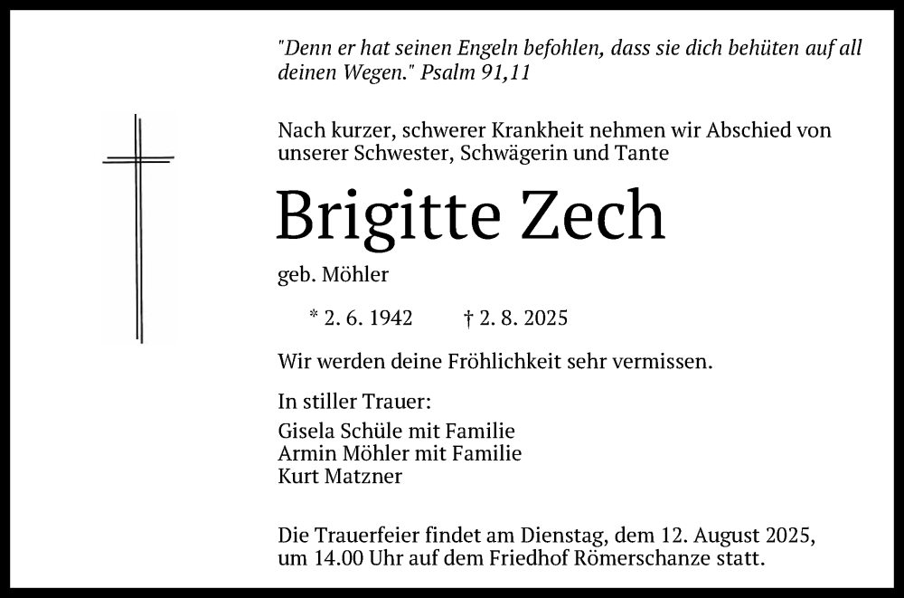  Traueranzeige für Brigitte Zech vom 09.08.2025 aus Reutlinger General-Anzeiger