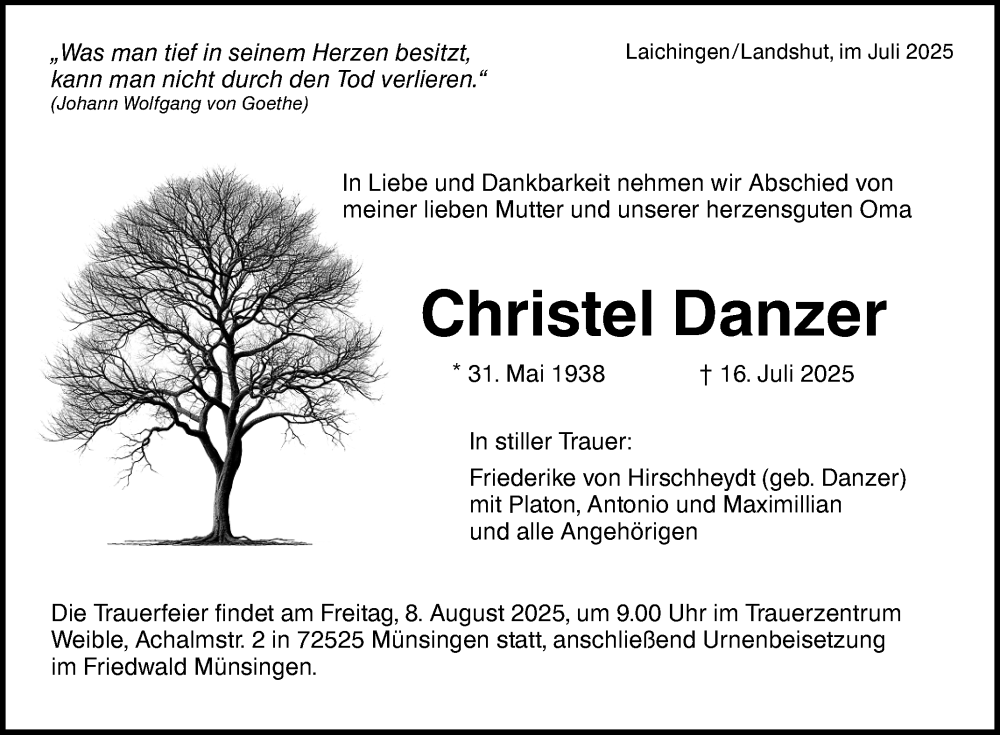 Traueranzeige für Christel Danzer vom 02.08.2025 aus Reutlinger General-Anzeiger