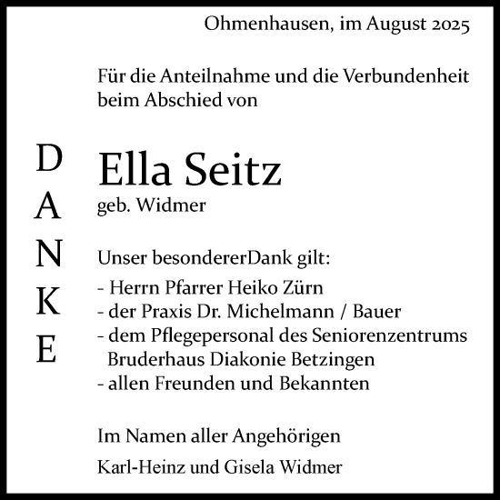 Anzeige von Ella Seitz von Reutlinger General-Anzeiger