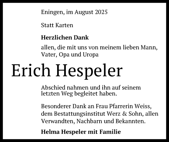 Anzeige von Erich Hespeler von Reutlinger General-Anzeiger