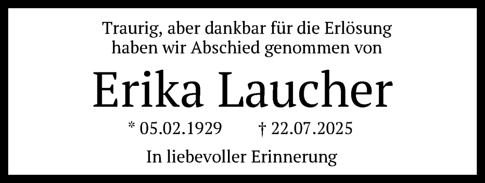  Traueranzeige für Erika Laucher vom 09.08.2025 aus Reutlinger General-Anzeiger