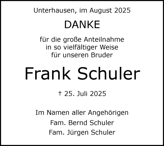 Anzeige von Frank Schuler von Reutlinger General-Anzeiger