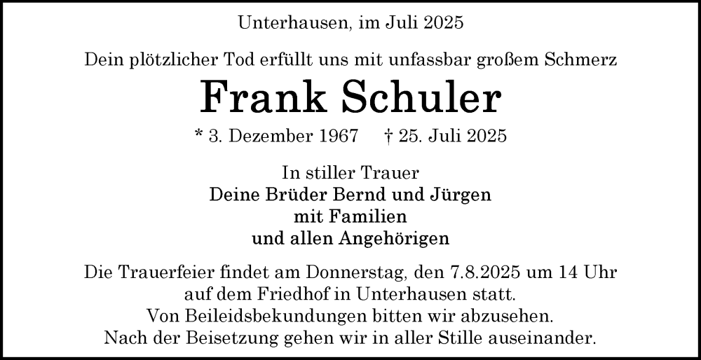  Traueranzeige für Frank Schuler vom 02.08.2025 aus Reutlinger General-Anzeiger