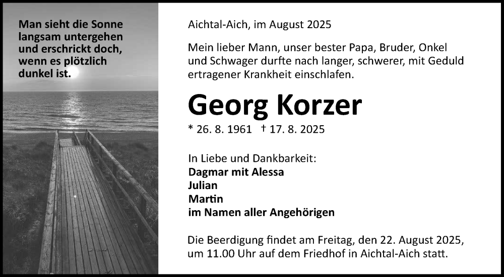  Traueranzeige für Georg Korzer vom 20.08.2025 aus Reutlinger General-Anzeiger